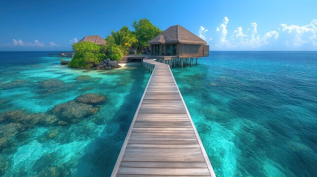 Tropical overwater bungalows on a secluded island - Powered by Adobe