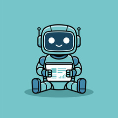 Cute Robot Analyzing Data on Tablet.