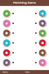 Match of donuts. Connect the same donuts. Matching educational game. Educational children's game. Kids activity sheet