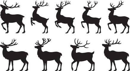Eight black silhouette reindeer in dynamic poses including jumping and walking on a white background