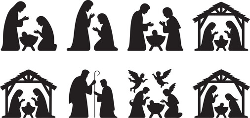 Eight black silhouette nativity scene illustrations with variations on a white background Christmas Jesus
