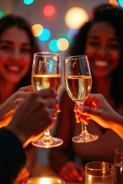 Personas levantando copas de vino llenas de l&iacute;quido dorado para brindar en una celebraci&oacute;n nocturna
