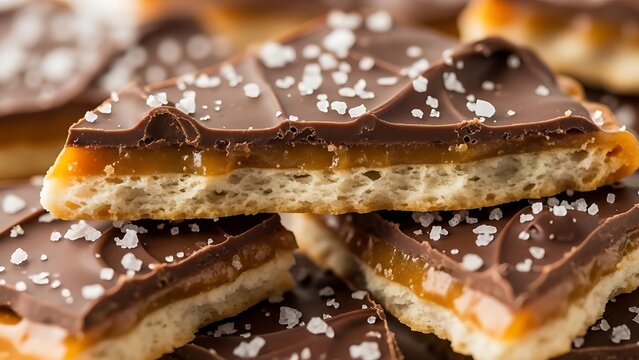 Close-up chocolate toffee crack with crisp saltine layers, caramel filling, melted chocolate topping, and sea salt sprinkles in rich holiday dessert style