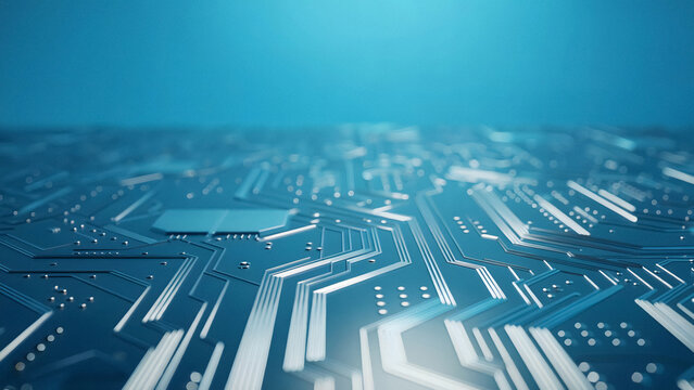 Futuristic digital circuit board landscape with glowing blue pathways and tech grid design