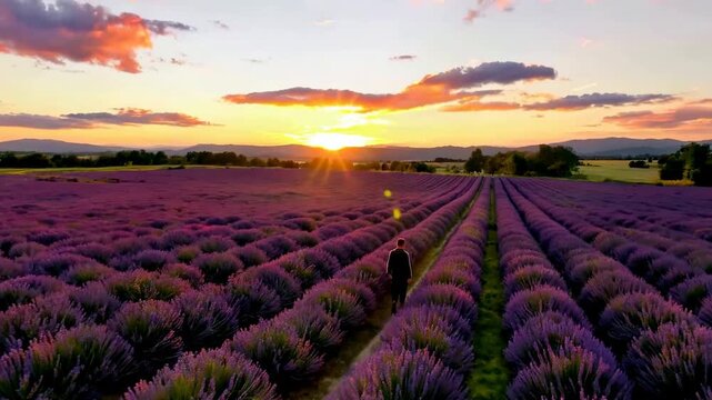 A lone person walks along a narrow path through an expansive, vibrant purple lavender field under