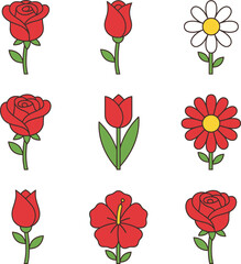 Red Flower Icon Set Vector &ndash; Rose, Tulip, Daisy, Hibiscus