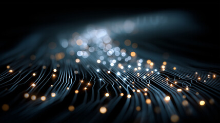 Digital Network Connection: A close-up view of an abstract circuit board with glowing lights creates a dynamic representation of modern digital connectivity and technology.