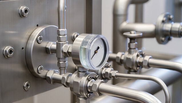 Close-up of a stainless steel industrial pipeline with a pressure gauge showing current pressure level. Metal fittings and valves form a controlled system typical for processing facilities