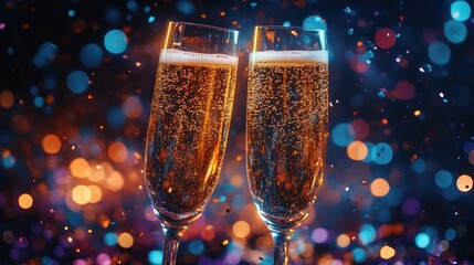 Two champagne flutes filled with bubbly, surrounded by colorful confetti and bokeh lights