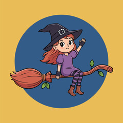 Cute witch girl flying on broomstick.