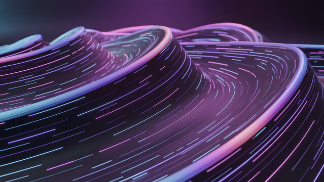 Futuristic flowing purple neon light waves creating dynamic abstract digital motion landscape