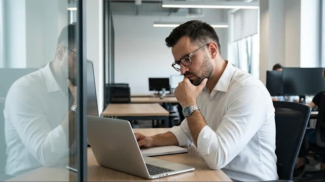 Focused Professional Man in Glasses Working on Laptop at Desk in a Modern Open-Plan Office, Deep in Thought and Concentration