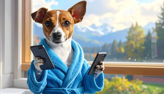 Jack Russell terrier wearing a blue robe, holding two phones with a mountain view outside of the window