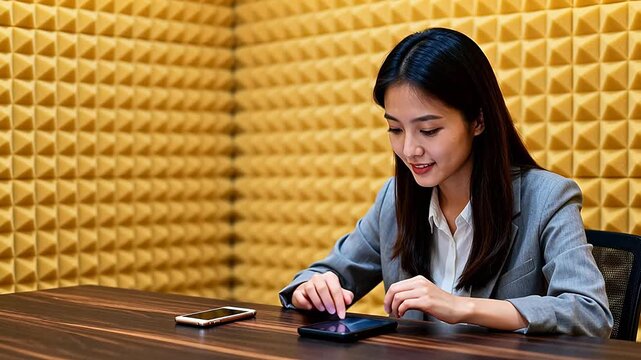 Woman using tablet in soundproof room