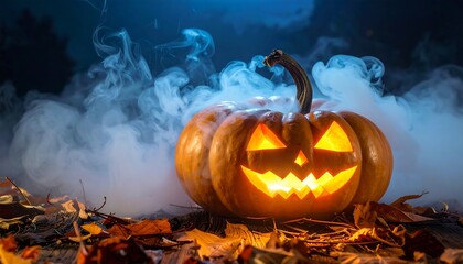 Obraz premium Lit jack-o'-lantern on wood surface surrounded by autumn leaves and swirling smoke under a dark, hazy sky