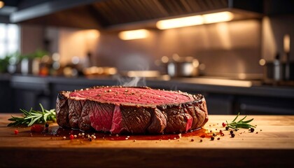 Perfectly cooked steak sits on a wooden board with rosemary and pepper, in a professional kitchen setting