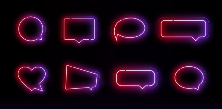 Neon speech bubble set with red purple gradient in black background. Illuminated chat icon with vibrant light. Futuristic glowing message frame effect.