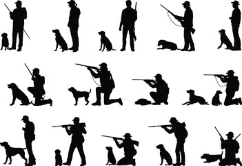 Obraz premium Hunter and dog silhouettes, rifle poses, hunting activity icons, black vector set, outdoor sport clipart, wildlife tracking, hunting scene graphics