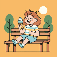 Girl enjoying ice cream on a park bench.