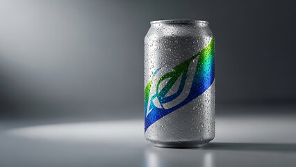 realistic aluminum can mockup, cold soda or energy drink, with condensation droplets, placed in a studio with soft lighting to highlight the shine of the can and its label--v 6.1 --ar 16:9 --q 2"