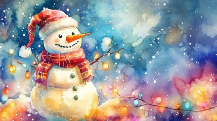 Snowman and festive lights, watercolor winter holiday theme .