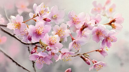 Obraz premium Close-up of delicate pink cherry blossom flowers on tree branch in spring