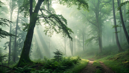 Obraz premium Morning sunlight illuminates a misty forest path through green autumn leaves and trees