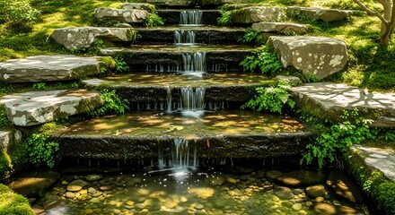 Cascading Waterfall in a Lush Japanese Garden Setting.