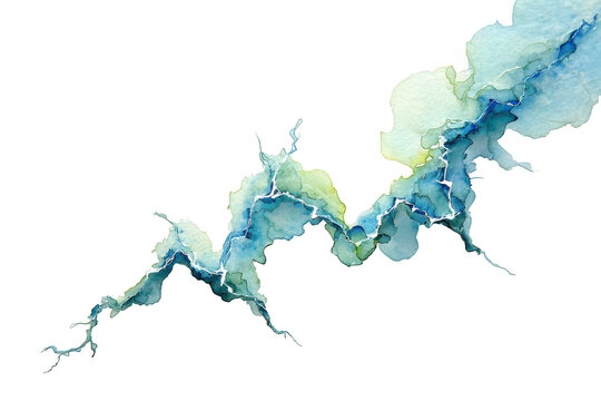 Abstract watercolor lightning bolt or river stream with blue green white textured paint effect isolated on transparent background