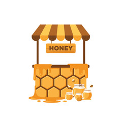 Honey stall with honeycomb and jars illustration.
