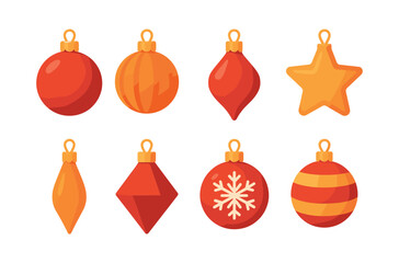 Christmas baubles collection, flat vector illustration with ornaments and stars