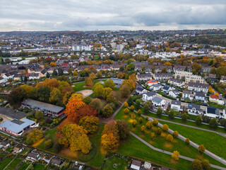 Aerial drone view of Wuppertal city architecture in autumn season. Germany