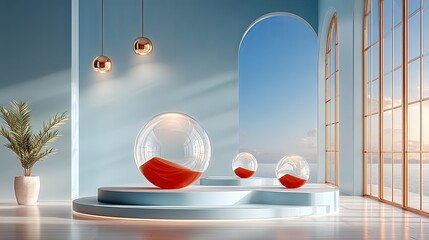 Sleek upward arrow symbolizing growth, floating above futuristic geometric surfaces with soft shadows and balanced minimal color palette