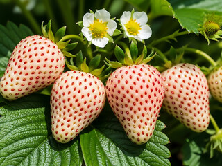 Fresas blancas y flores de fresa.