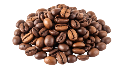 Pile of roasted coffee beans arranged in a circular shape isolated on transparent background