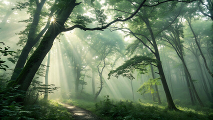 Obraz premium Misty morning sunbeams illuminate the green forest path through the woods and trees