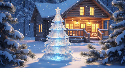 Icy christmas tree with star and baubles, illuminated in snowy landscape with a cabin in the background, showcasing winter, holiday spirit, celebration
