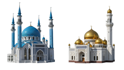 Two mosques with domes isolated on transparent background