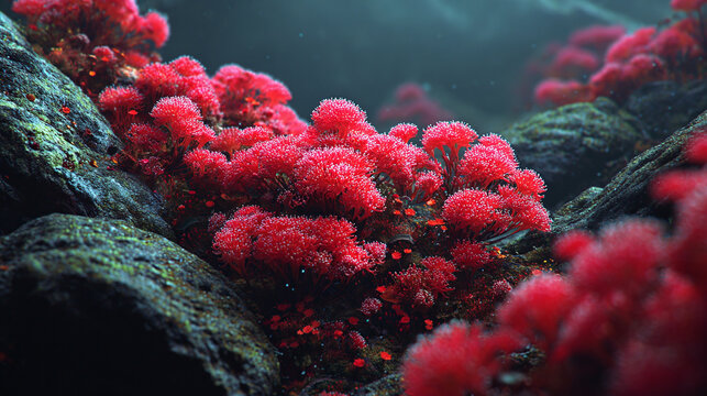 Captivating underwater coral reef scene displaying vibrant red corals amidst dark rocks