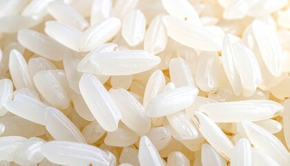 Close Up Macro View of Uncooked White Rice Grains with Soft Natural Lighting Revealing Texture and Detail in a Natural Food Theme