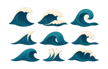Ocean wave collection, water patterns and sea textures, flat vector illustration