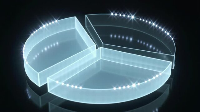 Pie chart hologram glowing with neon light. Abstract 3D graph segment expanding for business analytics and data statistics concept on dark background.