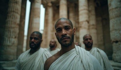Naklejka premium Group of black men dressed in ancient greek-style white robes walking through historic stone ruins with columns