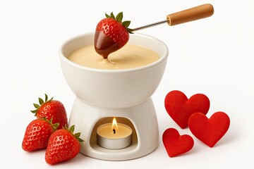 Valentine dinner illustration romantic strawberry fondue dipped in warm chocolate, glowing candlelight, and heart-shaped accents creating a cozy sweet moment