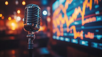 Vintage mic in front of stock charts