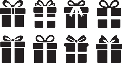 Set of Eight Black Silhouette Gift Boxes with Ribbons and Bows on White Background present package