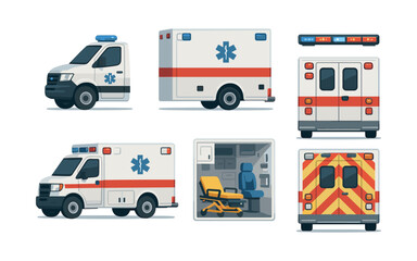 Ambulance vehicles vector illustration in flat vector style with emergency icons