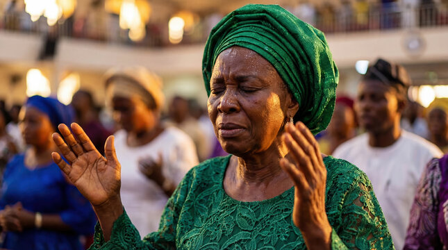 Emotional African woman in green Gele headtie praying with raised hands in church. Christian faith, spirituality and worship concept symbolizing devotion and praise.