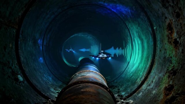 Sonarequipped robotic drones navigating dark submerged pipe sections in medium shot using sound waves to map internal pipe conditions and detect corrosion.