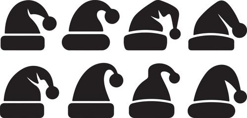 Set of Eight Black Silhouette Icons of Santa Claus Hats with Pom Poms santa hat christmas hat